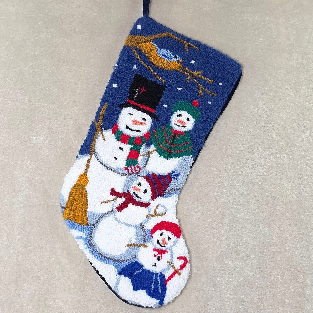 Vintage Hand Hooked Wool Christmas Stocking Snowman Family Navy Blue Velvet Back